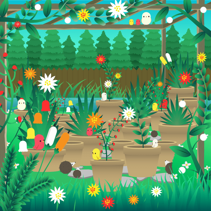 Illustrated garden scene with flowers, planters, leaves, and small hidden animals.
